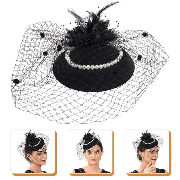 🖤 Pinup Accessory 1950s Retro Vintage Fascinator Black Pillbox Pearl Veil Hat - Picture 2 of 14